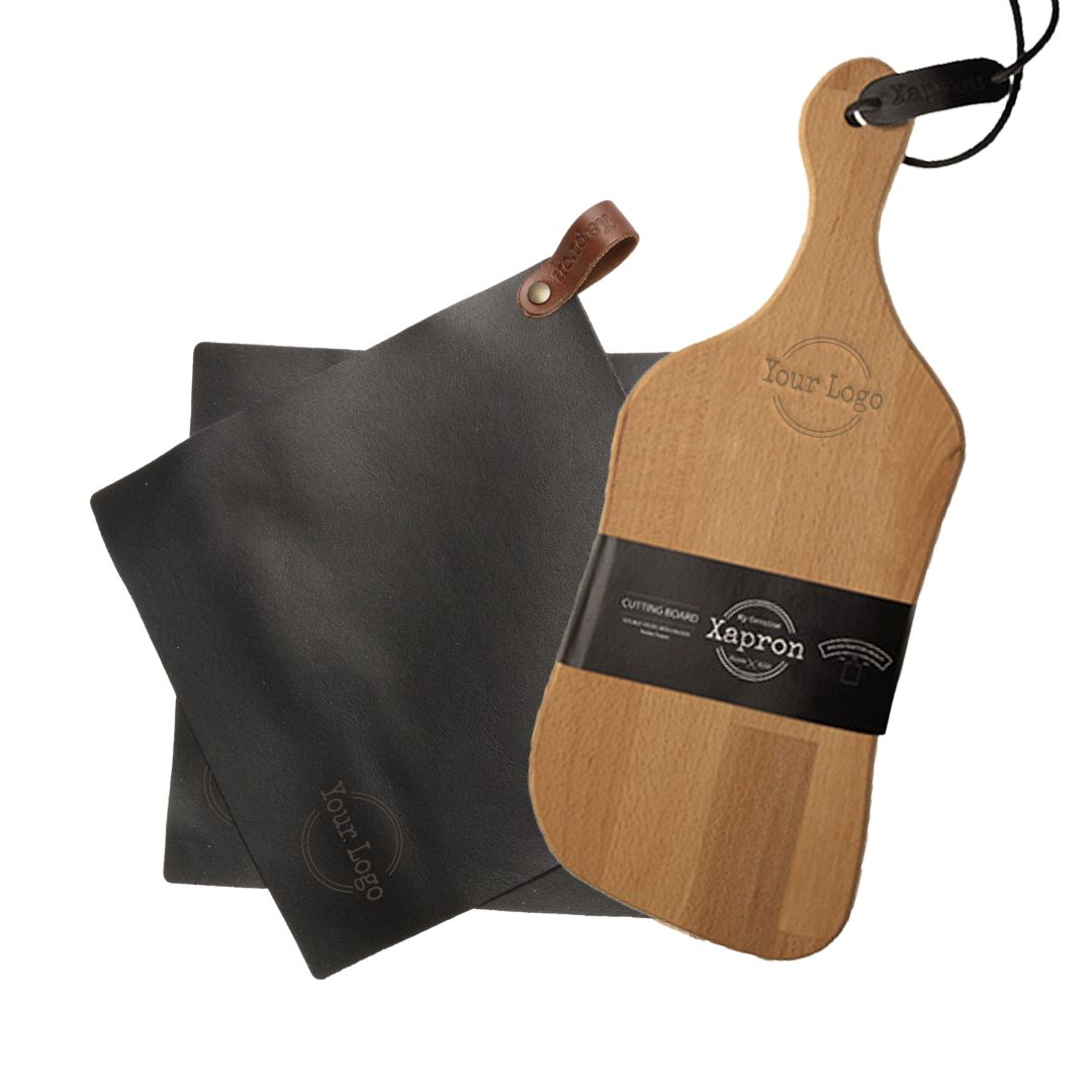 Giftset Kitchen -Leather Potholders &  Wooden Tapas Board Curvy-