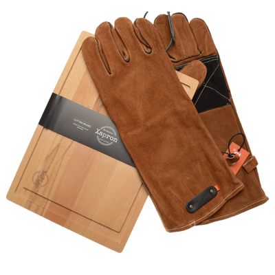 Luxury Giftset BBQ – Suede BBQ Gloves, Solid Beech Wooden Cutting Board Juice –