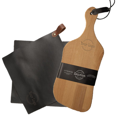 Giftset Kitchen -Leather Potholders &  Wooden Tapas Board Curvy-