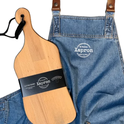 Actiepakket Borrel Plank – Massief Beuken Houten Borrel Plank Curvy & Denim Schort