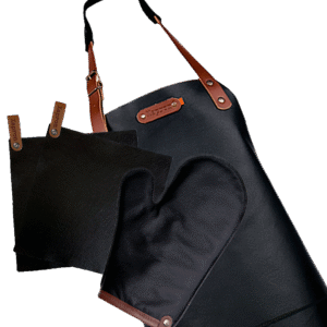 Deluxe-Werbepaket – Dallas-Lederschürze, Ofenhandschuh, Topflappen – Kostenlose Personalisierung mit Namensschild – Schwarz