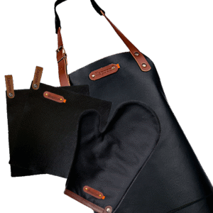 Deluxe-Werbepaket – Dallas-Lederschürze, Ofenhandschuh, Topflappen – Kostenlose Personalisierung mit Namensschild – Schwarz