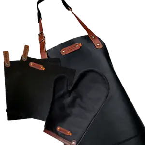 Actiepakket Deluxe -Leren schort Dallas, ovenwant, pannenlappen- Gratis gepersonaliseerd met naamlabel - Black