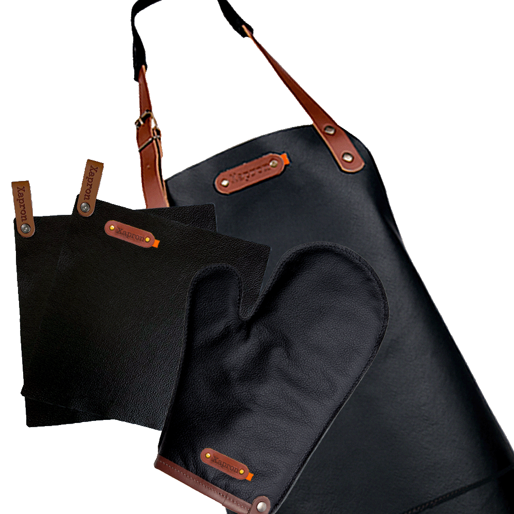 Deluxe-Werbepaket – Dallas-Lederschürze, Ofenhandschuh, Topflappen – Kostenlose Personalisierung mit Namensschild – Schwarz