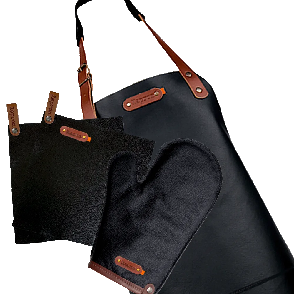 Actiepakket Deluxe -Leren schort Dallas, ovenwant, pannenlappen- Gratis gepersonaliseerd met naamlabel - Black