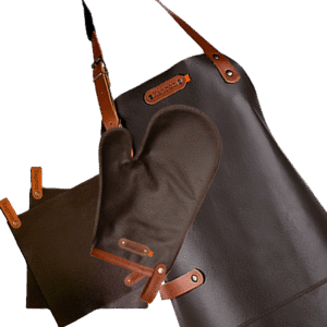 Deluxe-Werbepaket – Dallas-Lederschürze, Ofenhandschuh, Topflappen – Kostenlose Personalisierung mit Namensschild – Schwarz