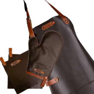 Deluxe-Werbepaket – Dallas-Lederschürze, Ofenhandschuh, Topflappen – Kostenlose Personalisierung mit Namensschild – Schwarz