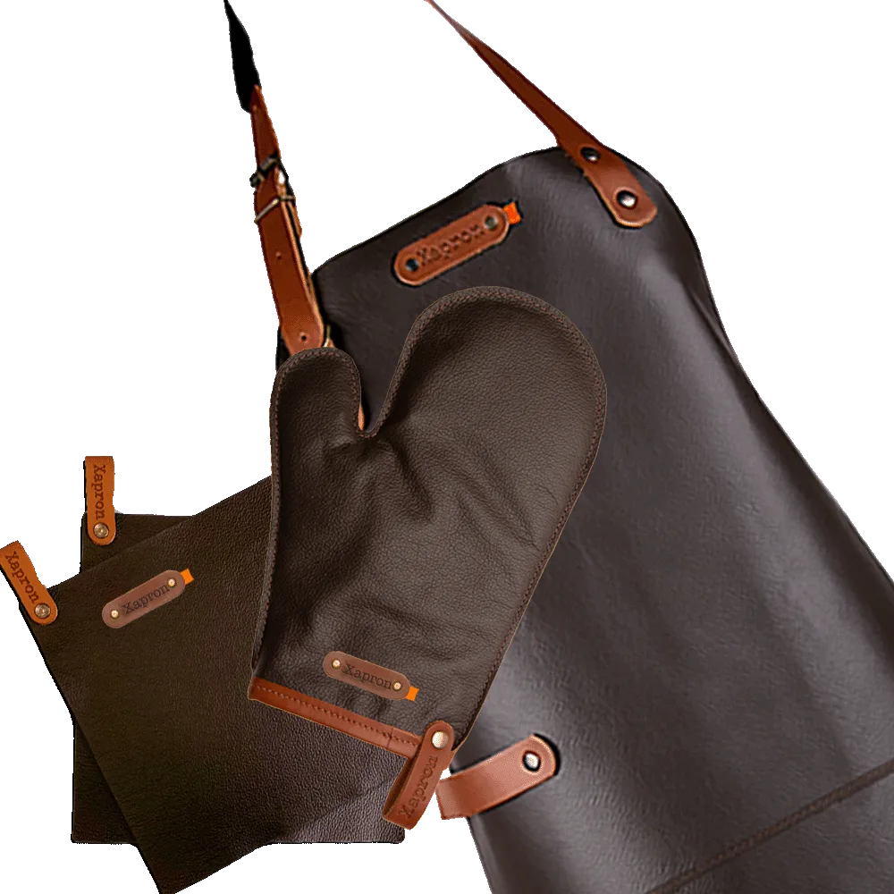 Actiepakket Deluxe -Leren schort Dallas, ovenwant, pannenlappen- Gratis gepersonaliseerd met naamlabel - Black