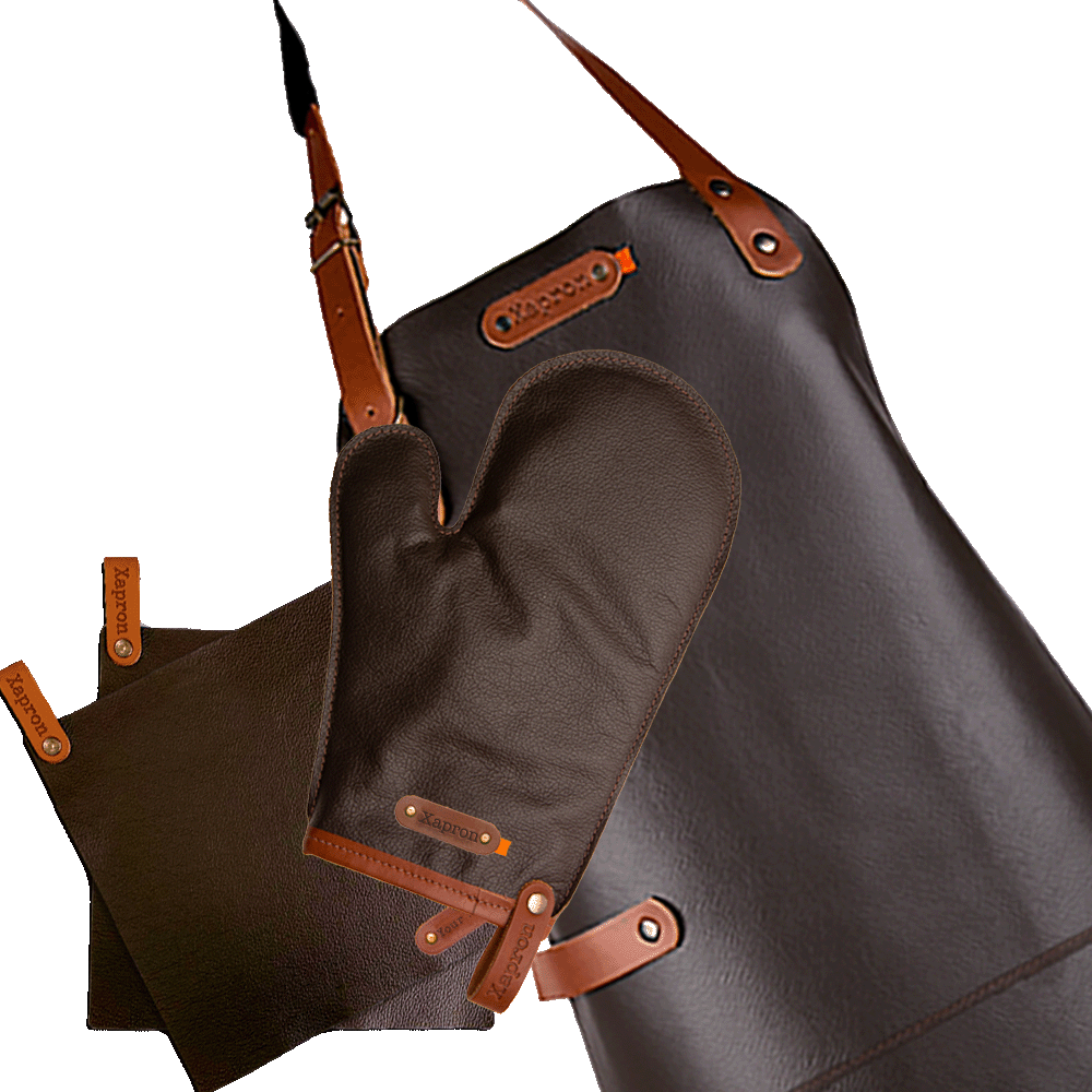 Deluxe-Werbepaket – Dallas-Lederschürze, Ofenhandschuh, Topflappen – Kostenlose Personalisierung mit Namensschild – Schwarz