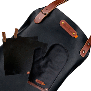 Deluxe-Werbepaket – Dallas-Lederschürze, Ofenhandschuh, Topflappen – Kostenlose Personalisierung mit Namensschild – Schwarz
