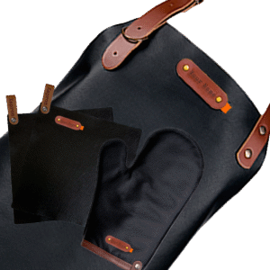 Deluxe-Werbepaket – Dallas-Lederschürze, Ofenhandschuh, Topflappen – Kostenlose Personalisierung mit Namensschild – Schwarz