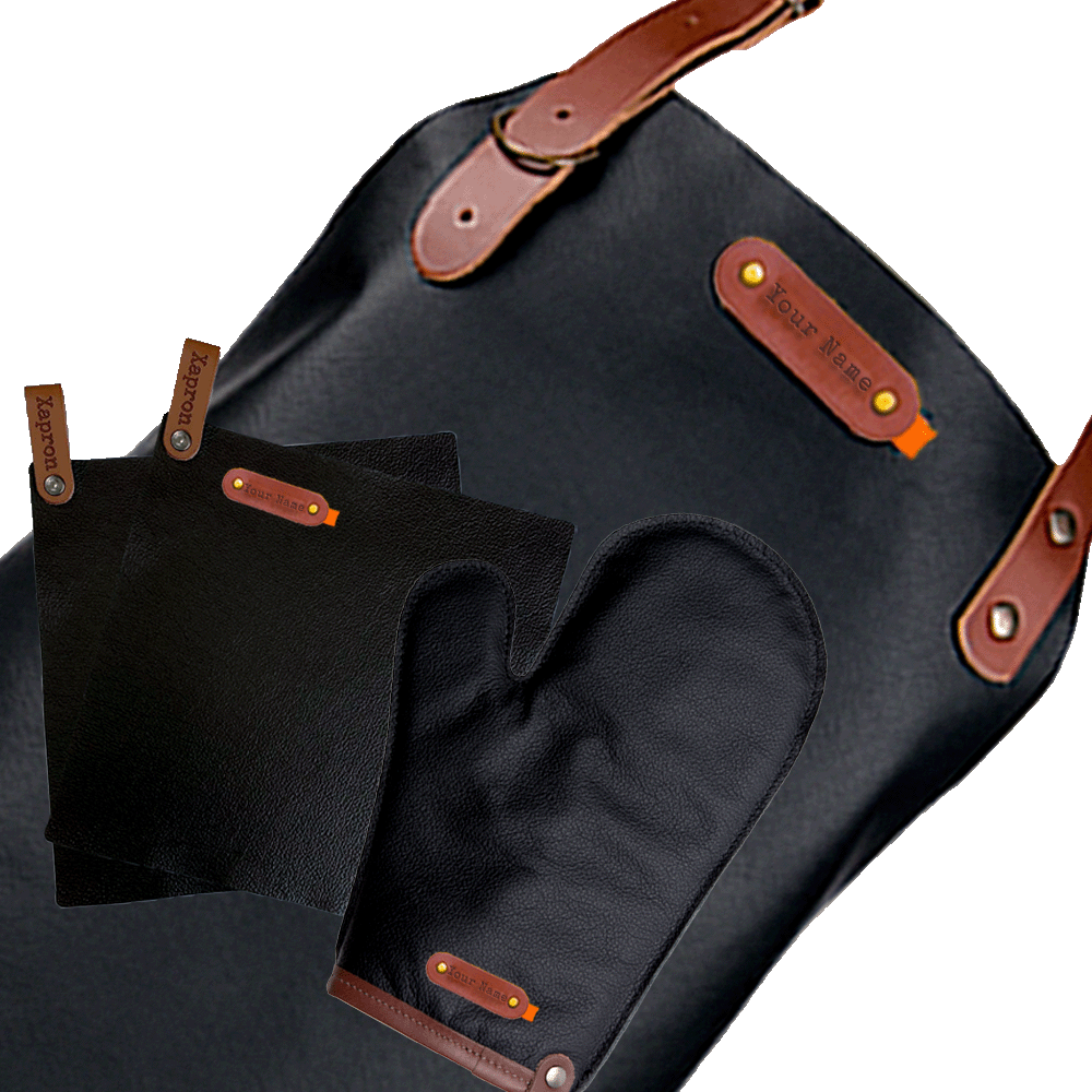 Deluxe-Werbepaket – Dallas-Lederschürze, Ofenhandschuh, Topflappen – Kostenlose Personalisierung mit Namensschild – Schwarz