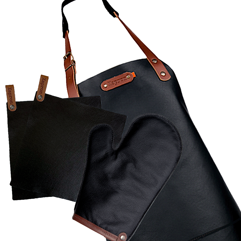 Deluxe-Werbepaket – Dallas-Lederschürze, Ofenhandschuh, Topflappen – Kostenlose Personalisierung mit Namensschild – Schwarz