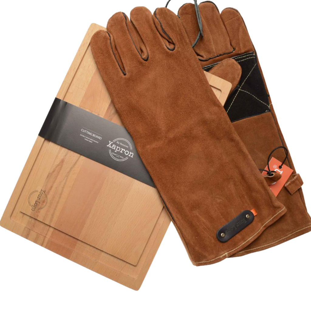 Luxe actie Pakket  BBQ -Suede vuurvaste BBQ handschoenen, Beuken houten snijplank Juice-