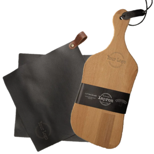 Actiepakket Keuken -Leren pannenlappen & Kersen houten borrelplankje Curvy-