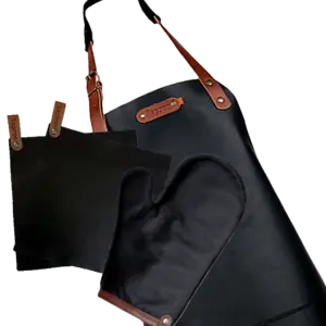 Actiepakket Deluxe -Leren schort Dallas, ovenwant, pannenlappen- Gratis gepersonaliseerd met naamlabel - Black