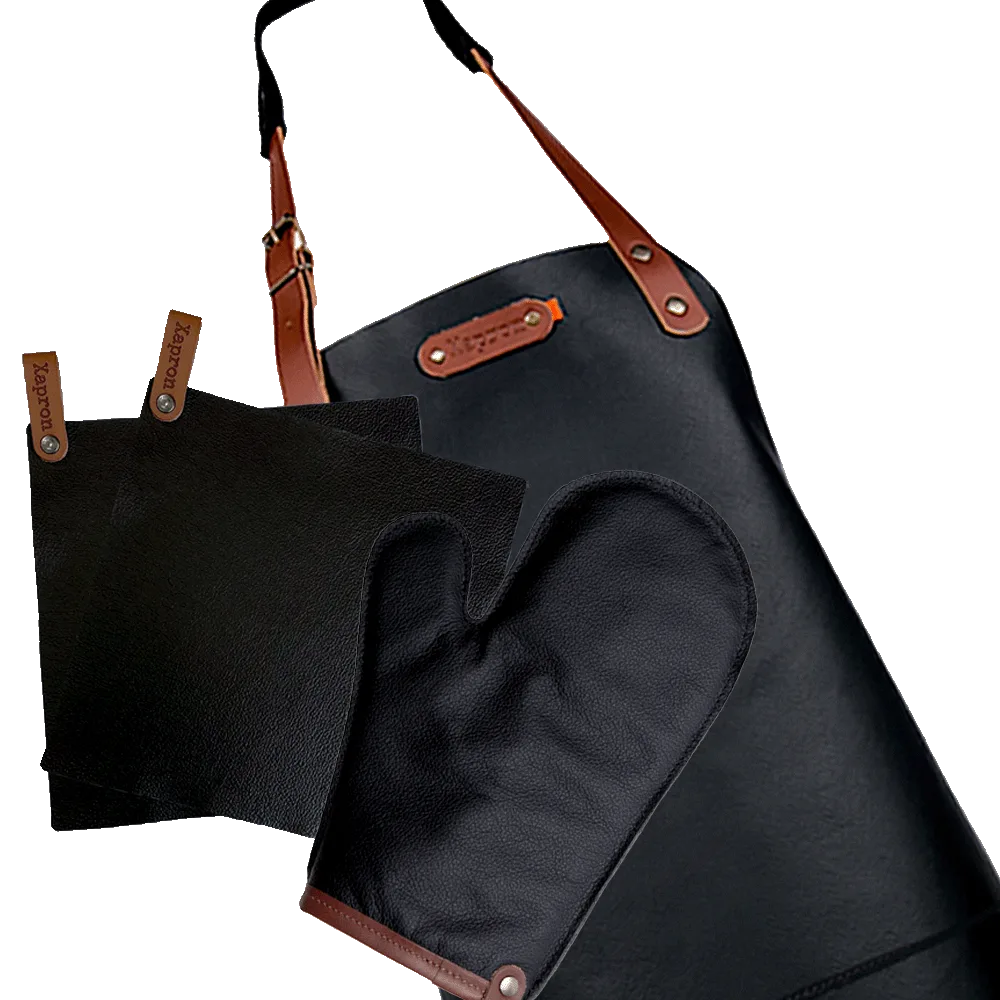 Actiepakket Deluxe -Leren schort Dallas, ovenwant, pannenlappen- Gratis gepersonaliseerd met naamlabel - Black