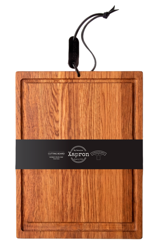 Eiken snijplank Juice 40x30x2 cm met sapgeul en leren ophanglus