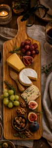 Eiken borrelplank met kaas, druiven, vijgen en noten