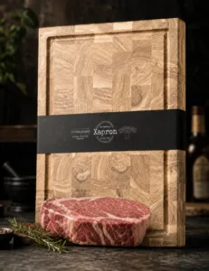 Essenhouten hakblok kopshout van Xapron met ribeye en verse rozemarijn
