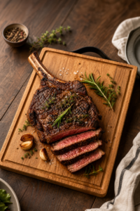 Eiken snijplank met aangesneden tomahawk steak en rozemarijn